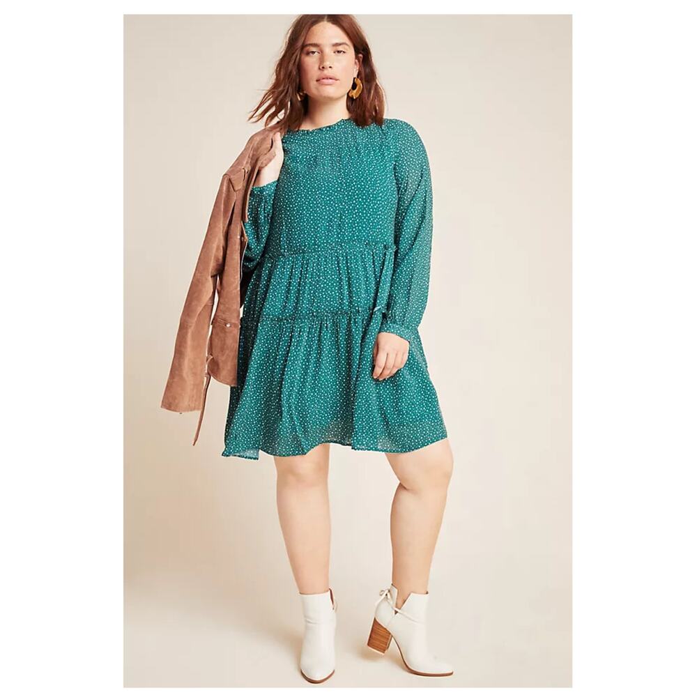 Anthropologie Maeve Green Dot Esther Tiered Long Sleeve Mini Dress Sz.XL